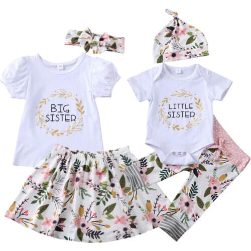 PUDCOCO Big/Little Sister Matching Clothes Baby Girl Short Sleeve Tops Romper Pants Floral Skirt Outfits 3Pcs/Set