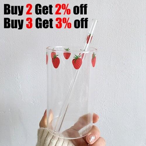 300ml ins creative cup girl heart small fresh and cute milk coffee cup strawberry simple glass straw high borosilicate glass hot