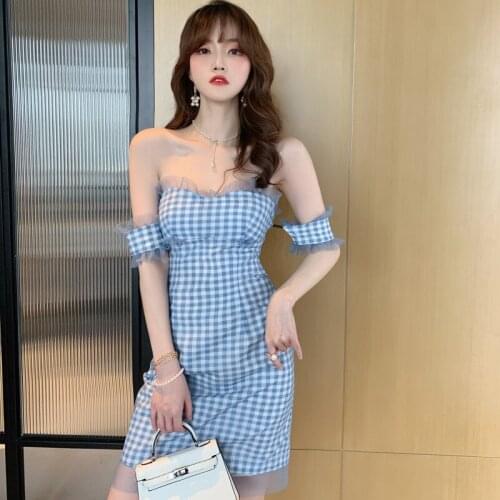 Summer Bodycon Sheath Dresses Sexy Party Vacation Mini Dress Strapless Short Sleeve Blue Plaid High End Women Dress Vestidos