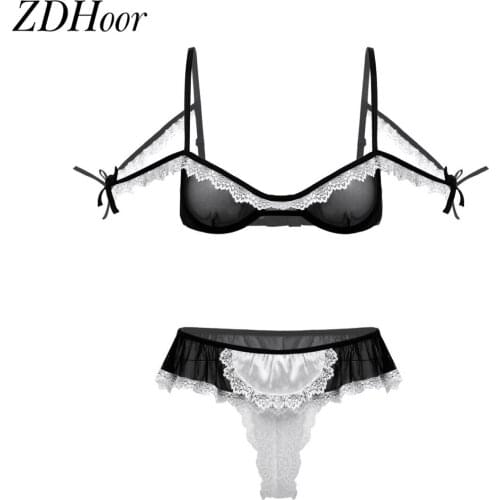 Hot Sexy Maid Lingerie Set Womens See Through Sheer Mesh Lace Underwear Nightwear Underwired Bra Top Crotchless G-string Briefs