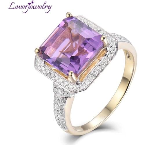 LOVERJEWELRY Classice Women Rings Solid 6.22Ct 14K Yellow Gold Diamond Purple Amethyst For Engagement Wedding Ring Jewelry Gift