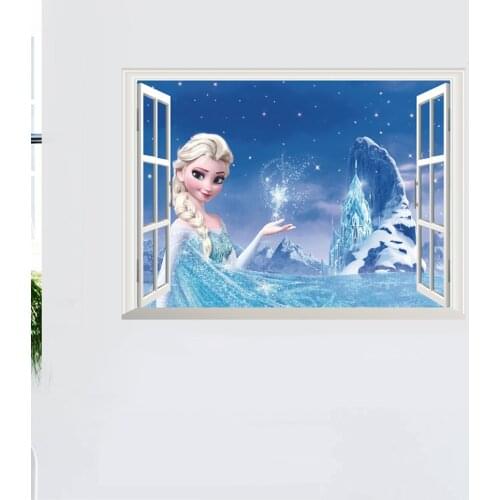 Cartoon Frozen Elsa Princess 3D Window Wall Stickers Home Decoration Disney Anime Mural Art Kids Room Wall Decals Movie Poster