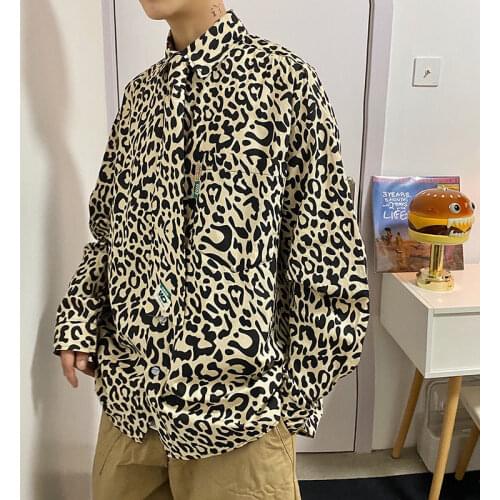 2020 Mens Leopard Printing Coats Long Sleeve Hawaiian Shirt Fashion Trendy Loose Camisa Masculina Streetwear Shirts Size M-XL