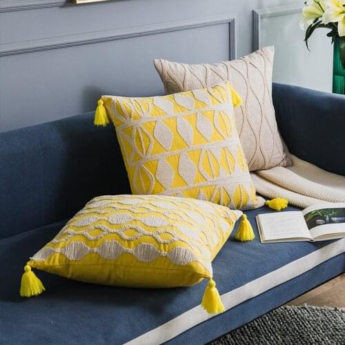 50x50cm linen embroired geometric yellow cushion cover tassel pillow cover waist pillow case funda de almohada