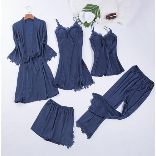 V-Neck Nightgown Sleep Set Navy Blue Womens 5PCS Nightwear Lace Pajamas Strap Sleepwear Robe Gown Lounge Sleeveless Nighties