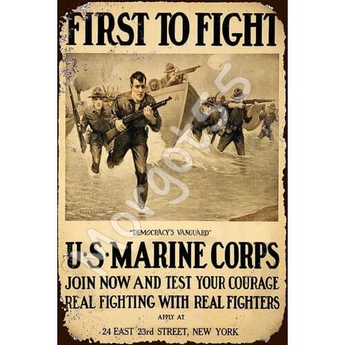 New Tin Sign US Marine Corps First To Fight Vintage Look Aluminum Metal Sign 8x12 Inches for Bar Club Living Room Kitchen Decor