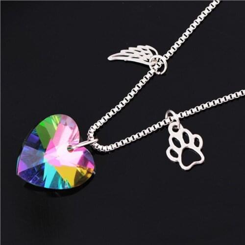 New Design Colorful Glass Heart Shape Pendant Necklace for Women Gift Fashion Hip Hop Jewelry Vintage Wings Footprints Necklaces