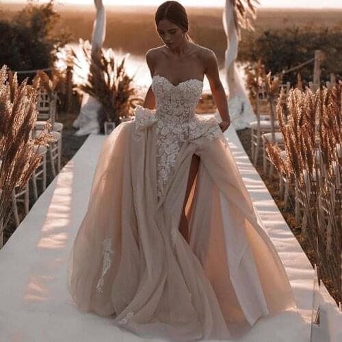 Romantic Champagne Wedding Dresses Lace Vintage Wedding Gowns Split Side Corset Back Plus Size Boho Bride Dress Turkey Mariage