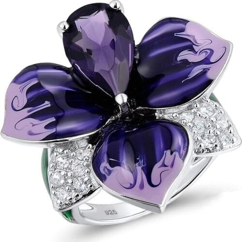 Luxury Exaggerated Purple Enamel Petal Design Rings Fashion Womens Wedding Engagement Silver Color Ring Banquet Jewelry