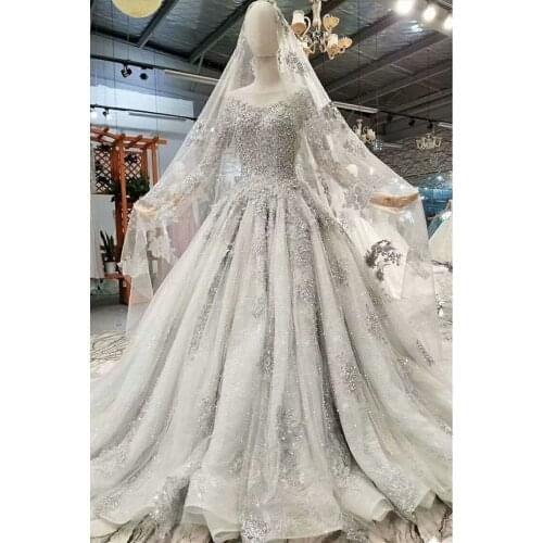 Luxury Silver Long Sleeve Shawl Yarn Evening Dresses 2020 Dubai Beading Sequins Bridal Gowns Real Photo WD30609