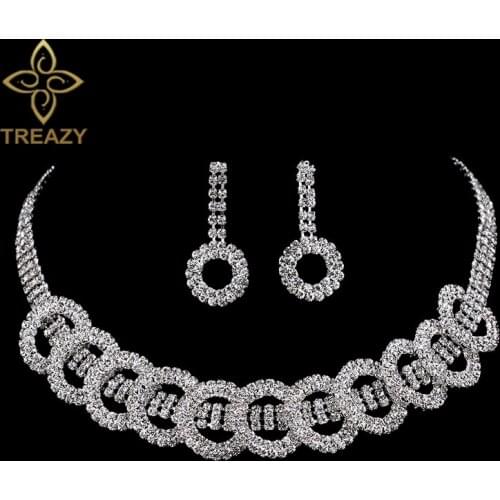 TREAZY Silver Plated Clircles Style Crystal Choker Necklace Earrings African Jewelry Set for Women Bridal Wedding Jewelry Sets
