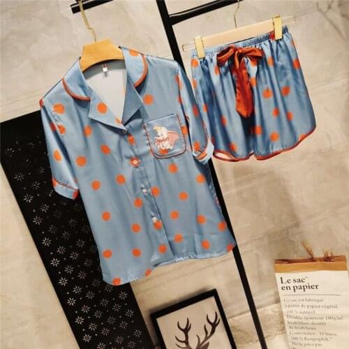 2021 Summer Women Teenager 2PCS Short-Sleeved Trouser Pajamas Elephant Dots Cute Sleepwear Ice Silk Nightwear Suits