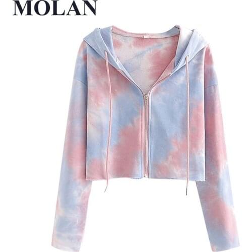 Women Fashion Hooded Tie-dye Print Zip-up Cropped Sweatshirts Vintage Long Sleeve Female Outerwear Chic Tops