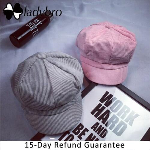 Ladybro Women Beret Hat Corduroy Octagonal Hat Female Cap British Painter Hat Autumn Winter Hat Retro Cap Lady Black Pink Cap