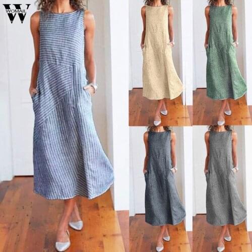 Womail Dress women 2020 Summer Dress Casual Striped Sleeveless Maxi Dress Linen Pocket Long Beach Dress sundress loose Vestidos
