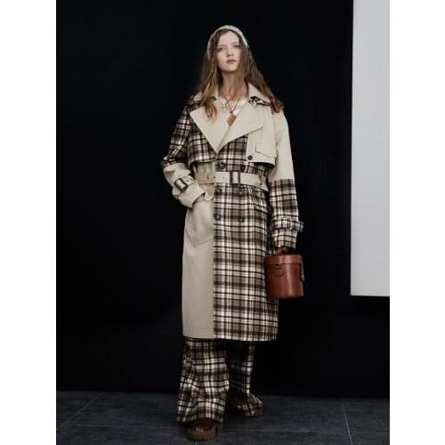 IRINACH457 Fall Winter 2021 Collection Original Design Vintage Wool Plaid Patchwork Long Trench Coat Women