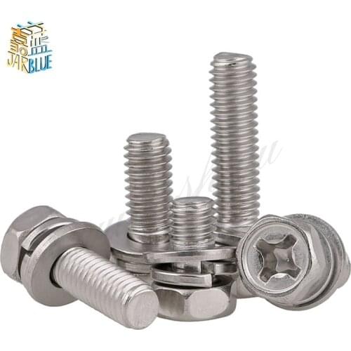 1-50pcs Cross recessed Hex Head Screw with Washer Three Sem Screw M4 M5 M6 M8 Stainless Steel Metric Three Combination Thread