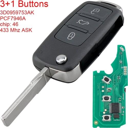 3 + 1 Buttons 433MHz ASK Flip Remote Intelligent Key Fob with ID46 Chip 3D0959753AK Fit for VW Volkswagen Phaeton 2002-2010
