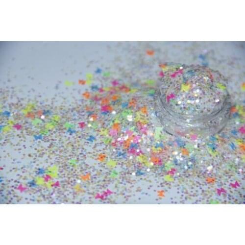 White Glitter Nail Sequins Powder Dust Mix with Colorful Neon Butterfly Paillette For Nail Polish Making Soap Candly G403
