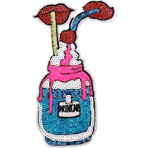Blue Drink Bottle Sequin Large Patch for Clothing Iron on Applique for Jackets T-shirt Patches Clothes Stickers Sequined Badges