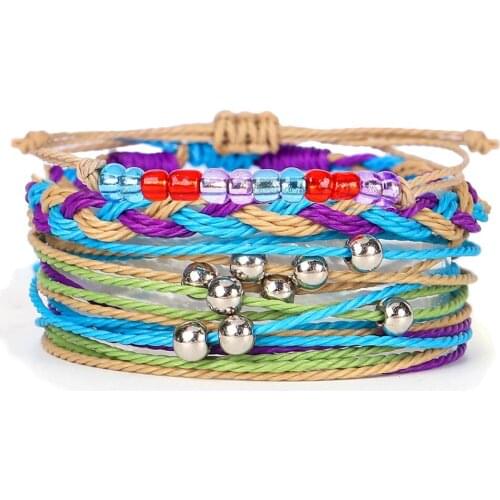 Boho Stack 4PCS Waterproof Waxed String Bracelet Women Men Bohemian Color Seed Bead Crystal Handmade Beach Surf Jewelry Present