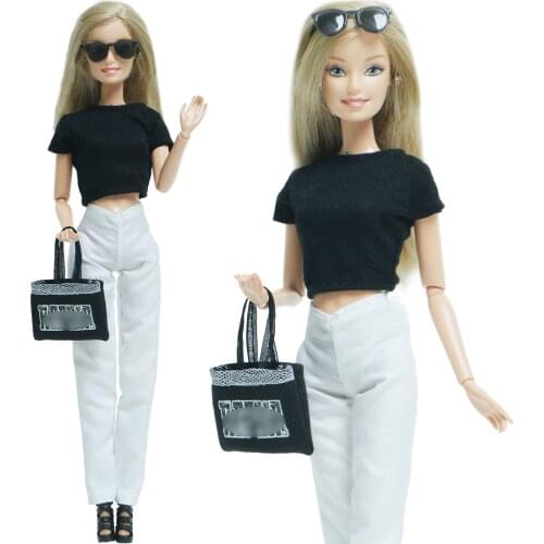Black Shirt White Pants Sandals Glasses Handbag Basic Outfit Daily Wear Clothes for Barbie Doll Accessories Set Toy