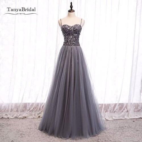 Elegant Dark Gray A Line Long Prom Dresses Sweetheart Beadings Soft Tulle Formal Lady Evening Gown JQ775