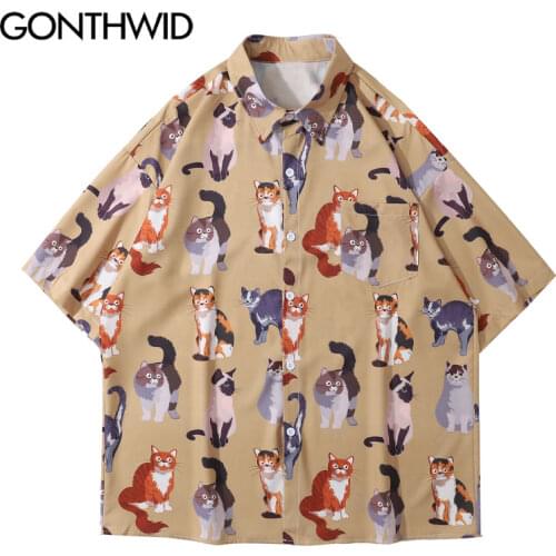 GONTHWID Hawaiian Shirts Harajuku Cartoon Animal Cats Print Beach Shirt Fashion Holiday Streetwear Hip Hop Tropical Casual Tops