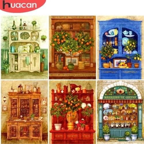 HUACAN Diamond Painting Kitchen Landscape Diamond Mosaic Cupboard Cross Stitch Rhinestones Picture Home Decor