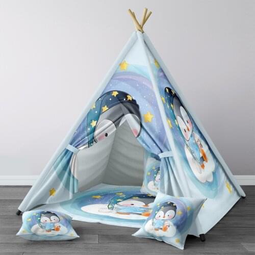 Play Tent for Kids Wigwam Portable Indoor Playground Tents Children Bedrooms Blue Yellow Penguin Hat Stars Model 1359
