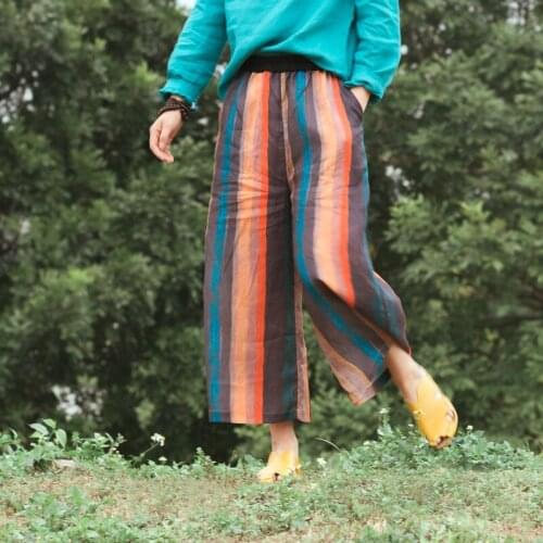 Preppy Multi Colors Stripes Elastic Waist Loose Women Pure Ramie Capris, Rainbow Cute Sweet Lady Summer Thin Calf Length Pants
