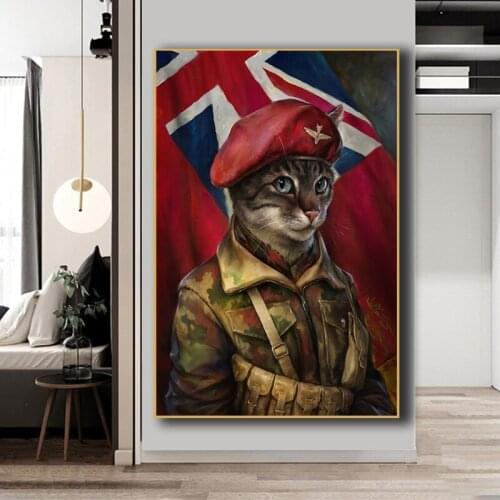 British Soldier Cat Military Uniform Uk Flag Canvas Painting Abstract Art Design Animal Posters Cartoon Wall Boy Room Decoration
