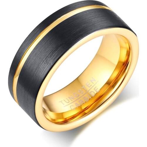 POYA Black Gold Plated Tungsten Ring 8mm Offset Thin Line Wedding Engagement Band Comfort Fit