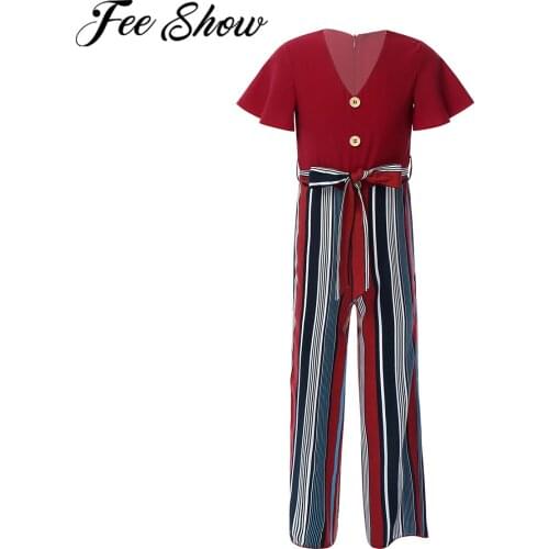 Big Girls Romper Jumpsuit Summer Kids Casual Loose V Neck Ruffle Short Sleeves Stripe Jumpsuit For Girls Playsuit With Belt