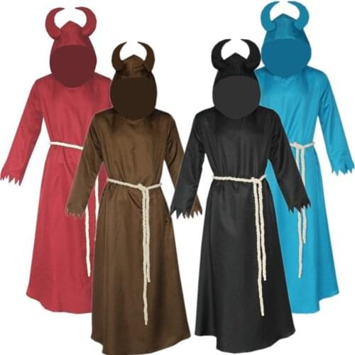 The Medieval Times Cloak Man Death Devil Cos Ox Horn Long Sleeves Floor Length Dress Monks and Priests Halloween Cosplay Costume