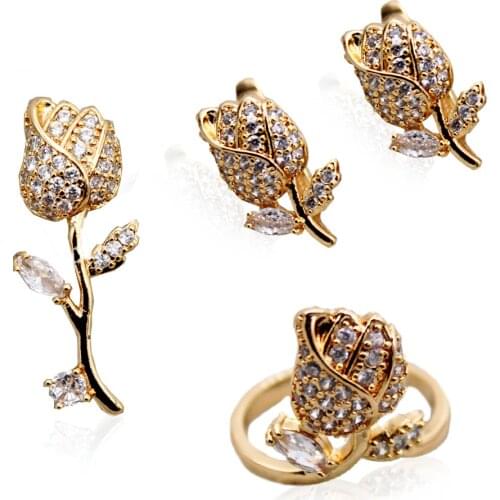 Trendy Wedding Fashion Jewelry Sets accessories White Zircon Women Luxury Butterfly Rose Hoop Earrings Rings Necklace Pendant