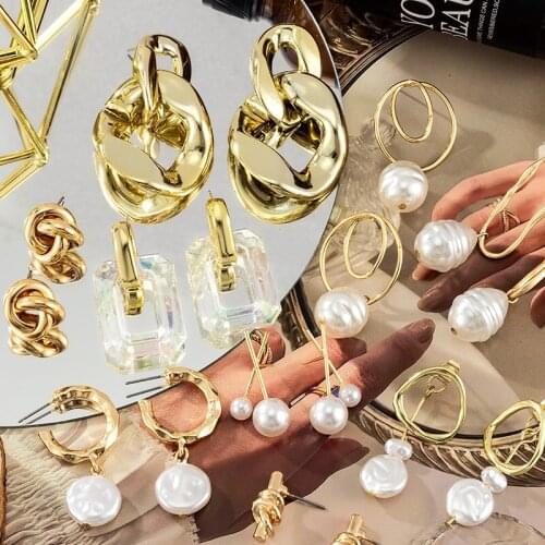 Fashion Vintage Pearl Acrylic Earrings For Women Statement Gold Metal Geometric Hanging Earrings 2021 Trend Female Party Jewelry