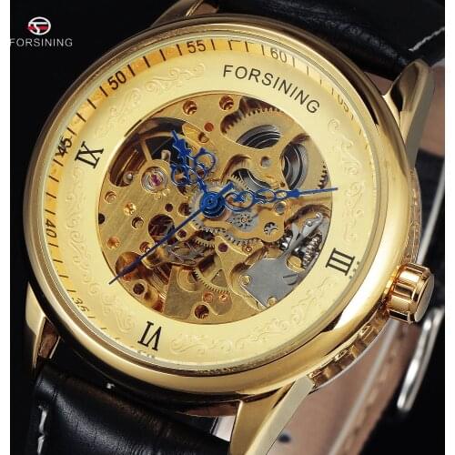 New FORSINING Luxury Brand Men Male Russian Golden Skeleton Automatic Clock Leather Band Casual Mechanical Military Watches