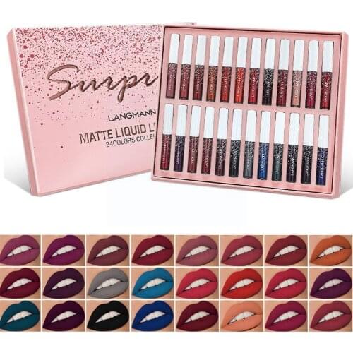 24 Pcs Matte Lip Glaze Set Lipstick Liquid Lip Gloss Gift Ups For Friend Water Lasting Make Cosmetic Cup Proof Non-stick Li T2E6