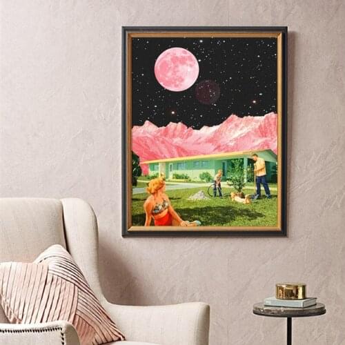 Retro Pink Moon Natural Scenery Canvas Poster Wall Picture Sofa Decorative Painting For Living Room Dining Room Home Decor