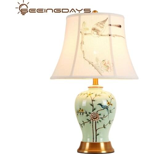 New Chinese-Style Flower and Bird Ceramic Table Lamp Bedroom Bedside Lamp Living Room Study Decorative Table Lamp