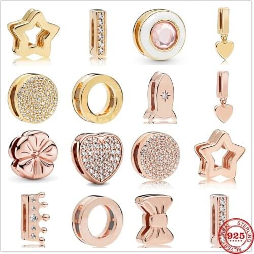 S925 Silver Reflections Clip Beads Charms Round Crystal round Heart Bow Flower Star Beads Fit Original Pandora Women Bracelet