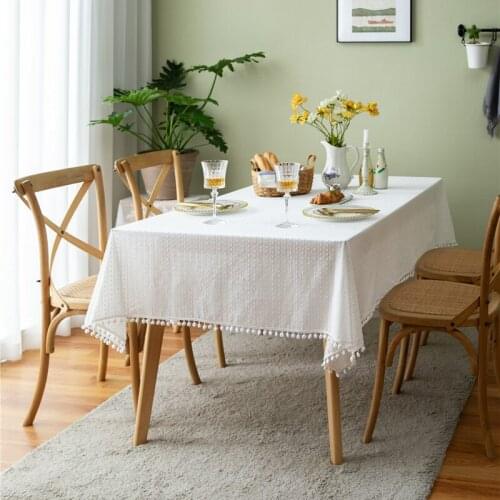 1PC French White Tassel Hairball Table Cloth Cotton Table Runner Tablecloth TV Cabinet Home Decor Table Cover for Wedding Dining