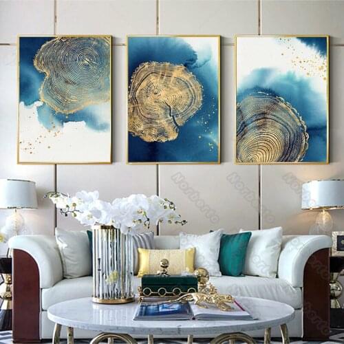 Modern Art Pictures Canvas Painting Poster and Print Abstract Watercolor Paintings with Blue and Golden for Home Rooms Wall Deco