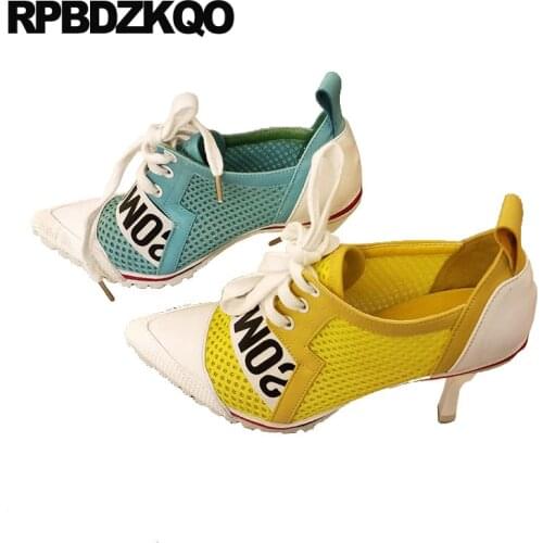 Mesh High Heels Blue Runway 3 Inch Thin Scarpin Ladies Yellow Shoes Red Pointed Toe Size 4 34 Lace Up Modern 2021 Pumps Stiletto