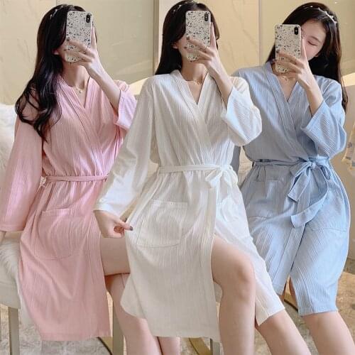 2021 Summer Long Sleeve Cotton Robes for Women Korean White Bathrobes Sleepwear Bath Robe Nightdress Homewear Night Dress Nighty