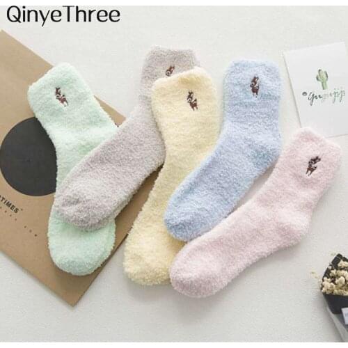 Embroidery CAT Deer Thickening Women Lovely Plush Keep Warm Sleep Funny Cute Socks Winter Kawaii Christmas Hosiery Dropship
