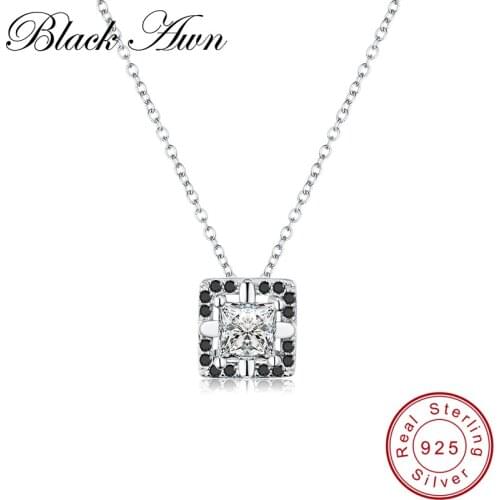 [BLACK AWN] 925 Sterling Silver Necklace Trendy Square Black Spinel Necklaces Pendants for Women Fine Jewelry P166
