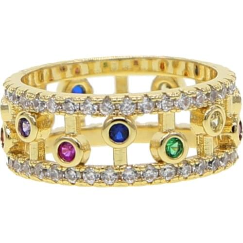Wide band hollow gold filled women engagement rings paved round rainbow Cubic Zirconia wedding delicate luxury ring jewelry