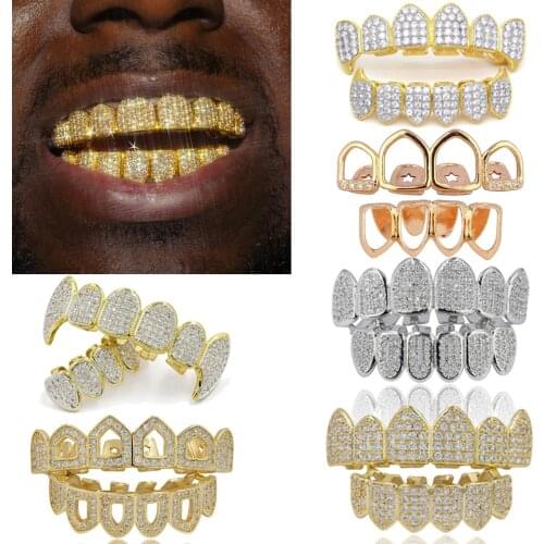 Gold Iced Out Cubic Zirconia Grillz Brace Punk Hip Hop Up Bottom Dental Mouth Fang Grills Vampire Tooth Cap Cosplay Rap Jewelry